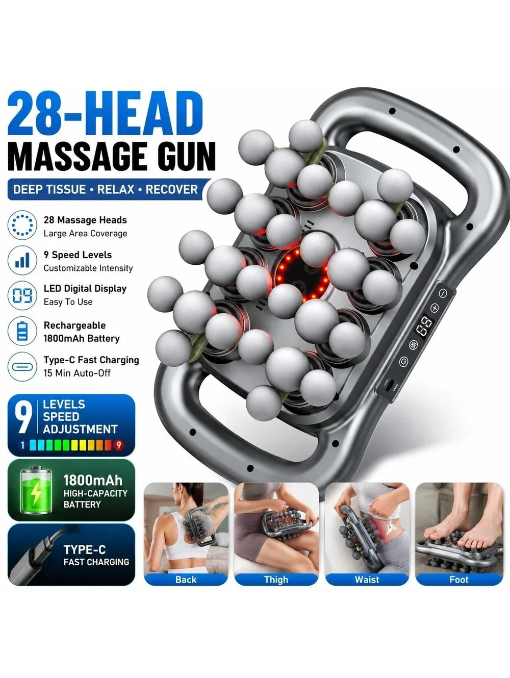 28-Head Deep Tissue Massage Gun 9-Speed Rechargeable Body Massager